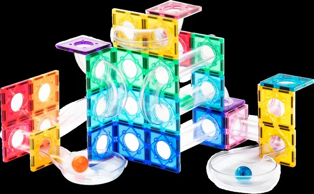 A glowing mideer magnetic tile marble run