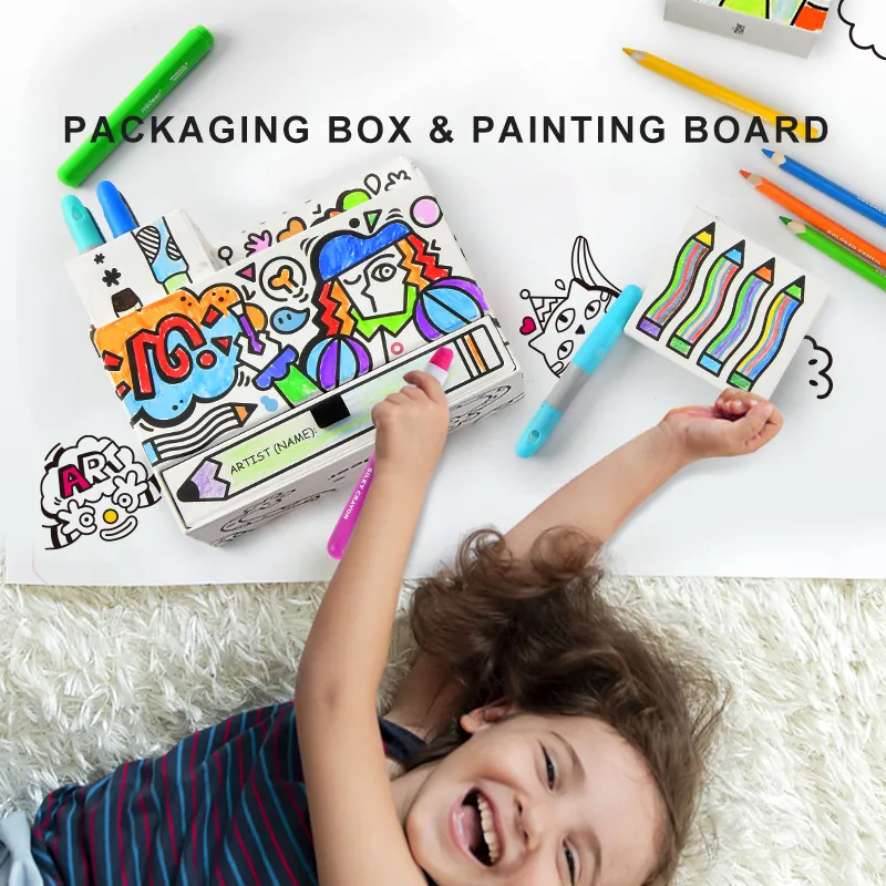 A laughing child colouring a mideer painting board