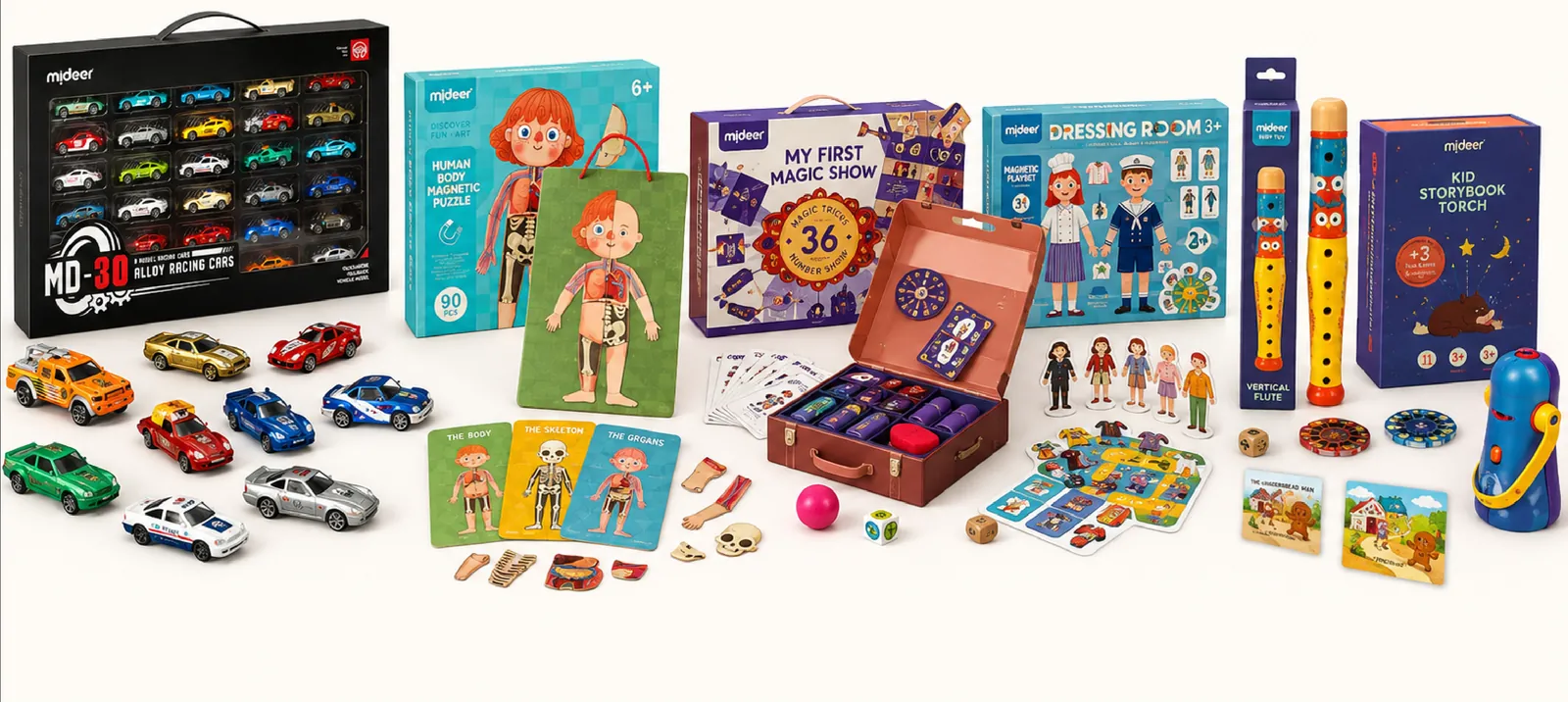 A line-up of mideer products: alloy cars, magic show kit, body puzzle, storybook torch and more